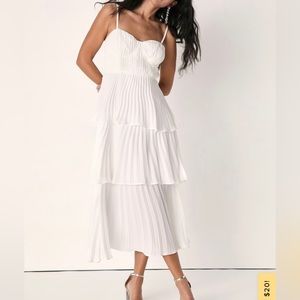 Cascading Crush White Tiered Bustier Midi Dress